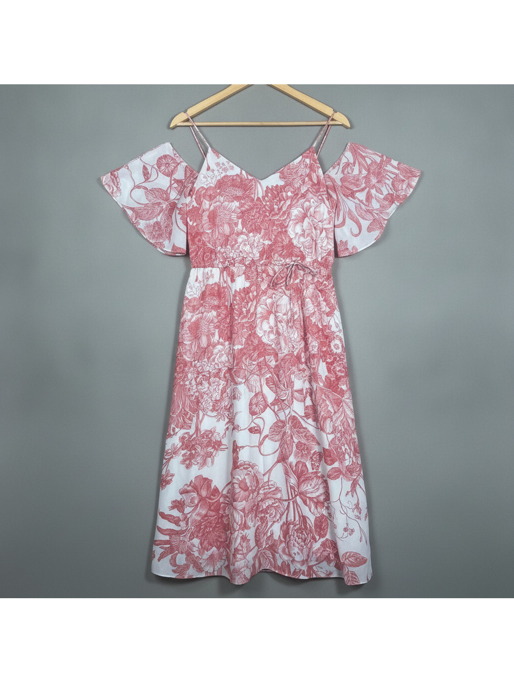 Loft Red White Cottage Floral Cold Shoulder Midi Dress Flutter Sleeve Size Small